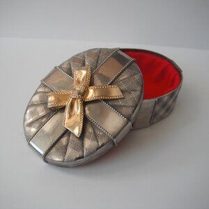 Vintage Silver Plated Jewelry Trinket Oval Box With Gold Tone Bow Red Lining